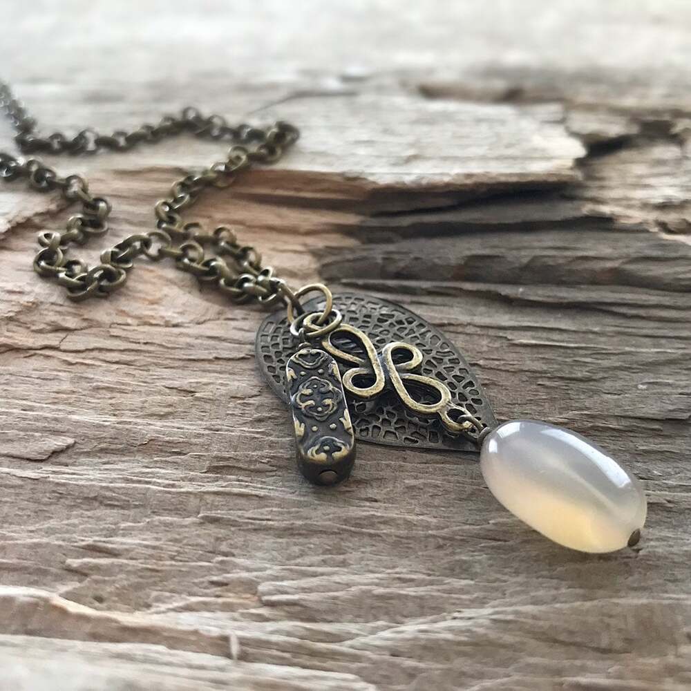 Natural Oval Agate Antique Brass Charm Necklace. Ethnic Bohemian Rustic Unisex